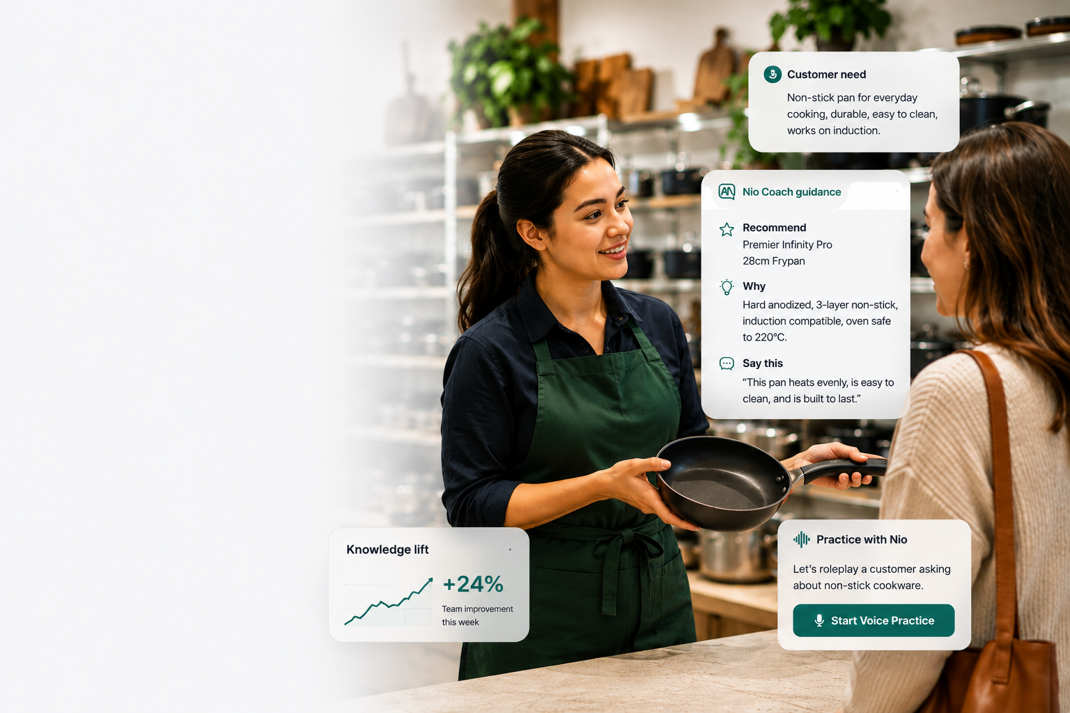 A floor associate gets live Nio Coach guidance while helping a shopper choose cookware